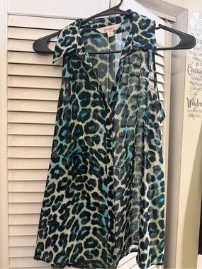 Decree Teal and Black Sheer Leopard-Print Sleeveless Blouse